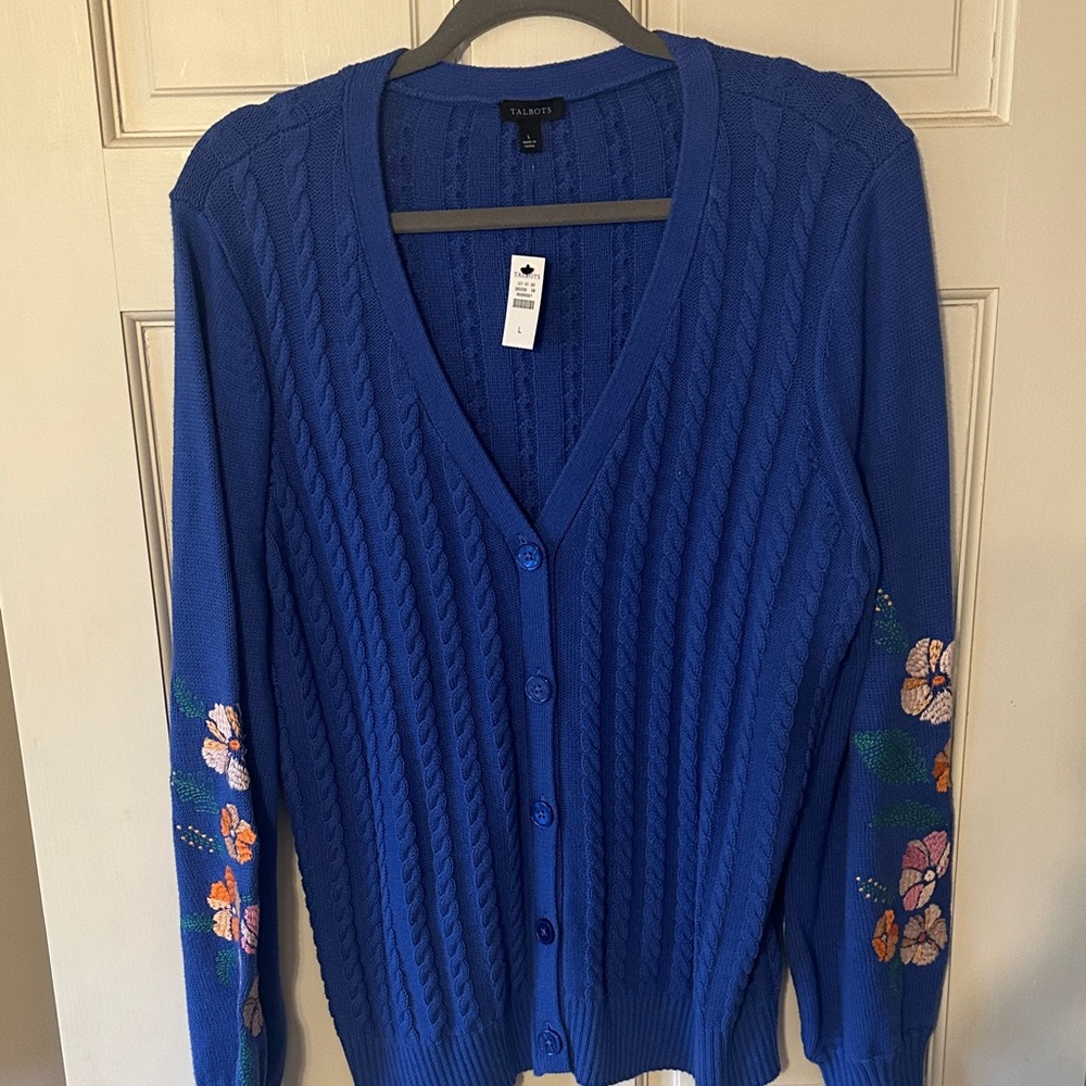 Talbots Royal Blue Cardigan with Floral Accents